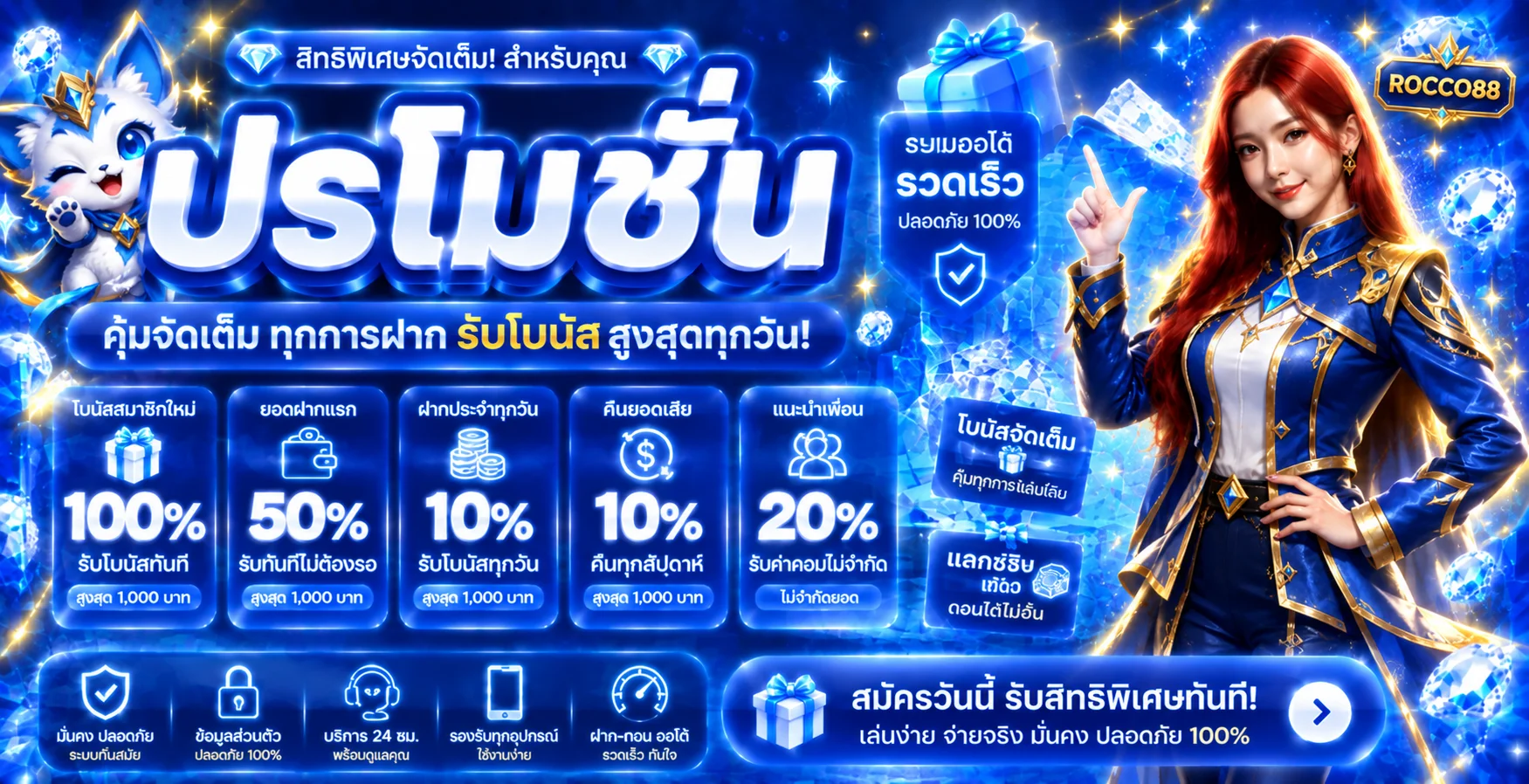 ภาพโปรโมชั่น ROCCO88 โทนน้ำเงินทองพร้อมสรุปสิทธิสมาชิก